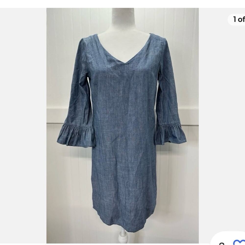 J Crew Chambray Shift Dress with Bell Flutter Long Sleeves. Sz 12